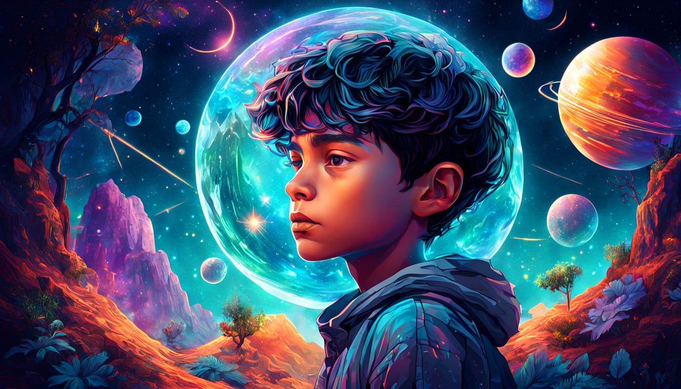 Holographic Astral Cosmic Scene with Boy and Planet