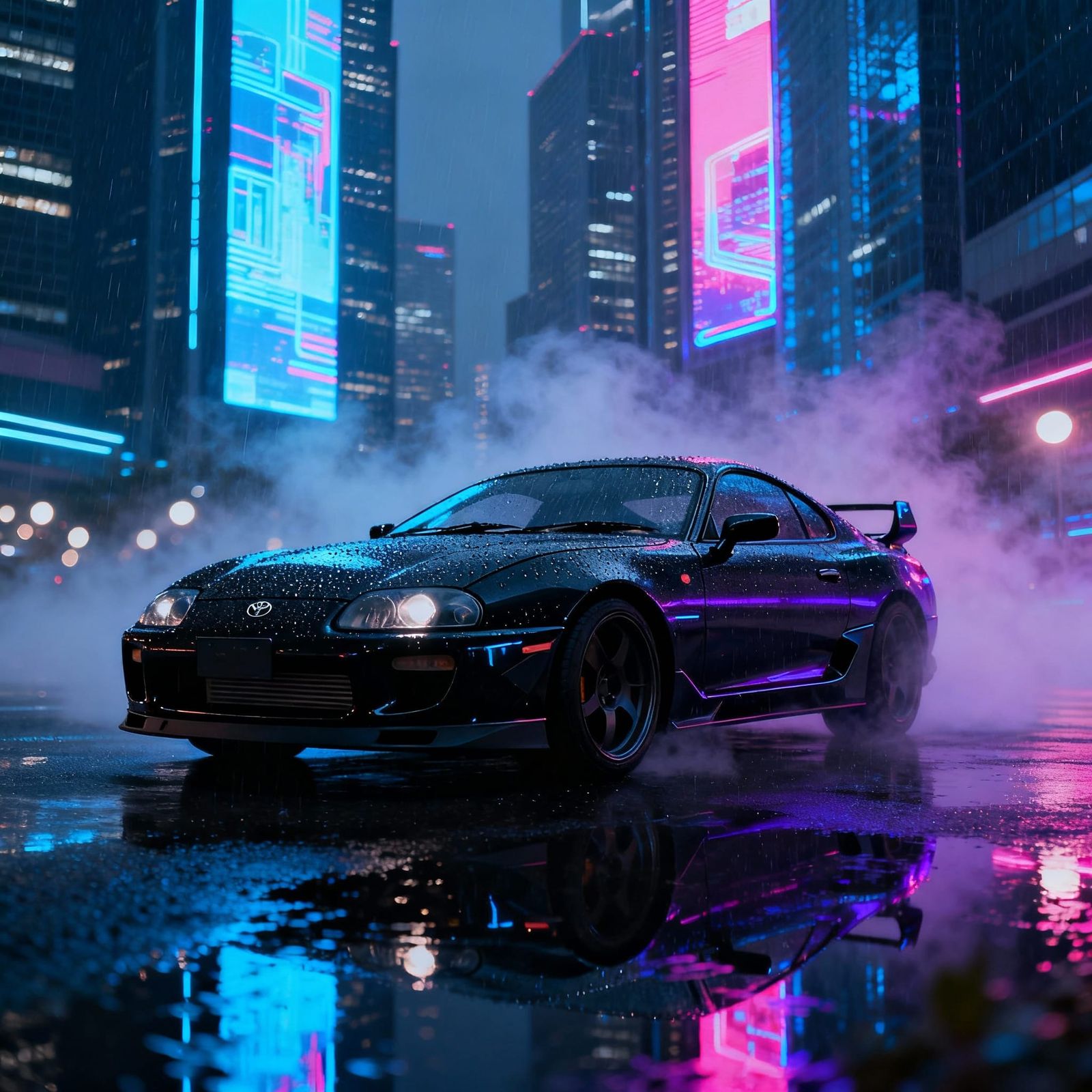 Supra Car on Neon Street with Modern Buildings