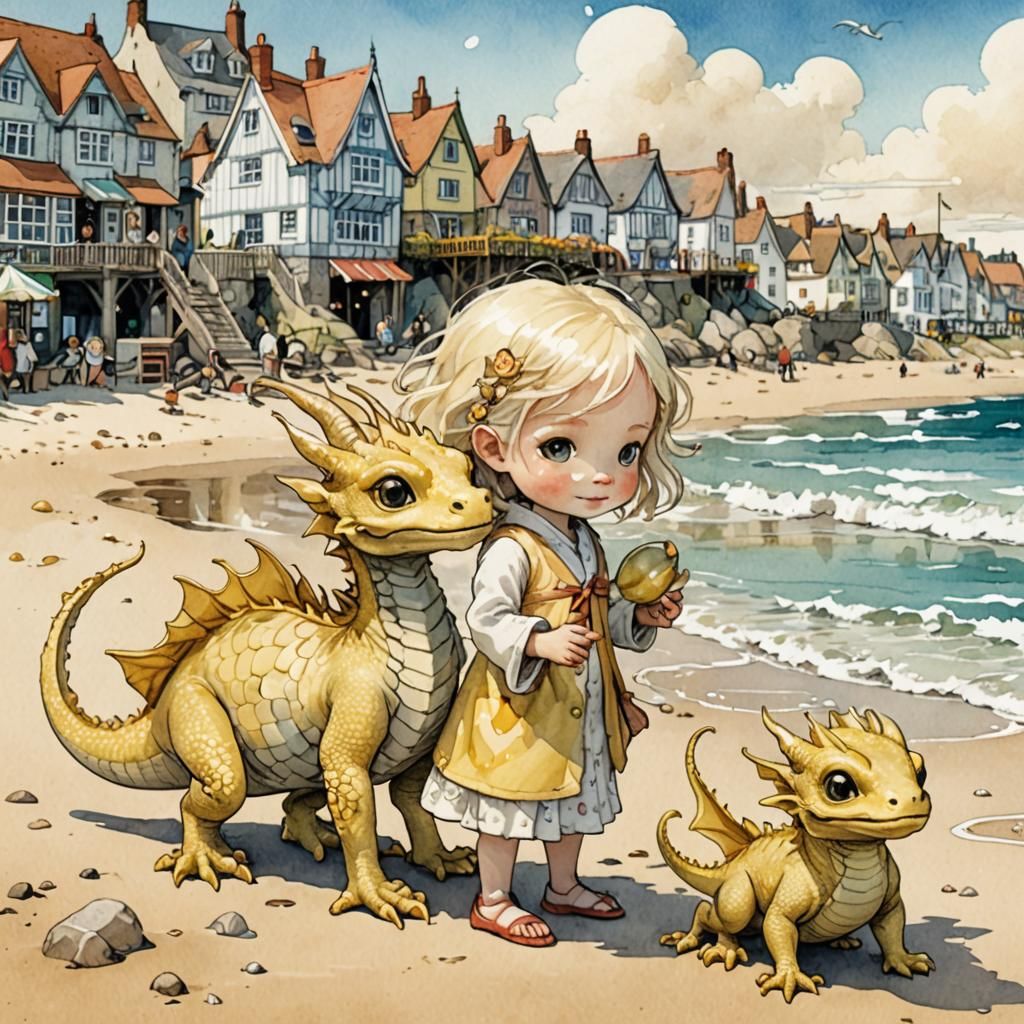 Chibi Girl and Dragon at Seaside, Watercolor Illustration