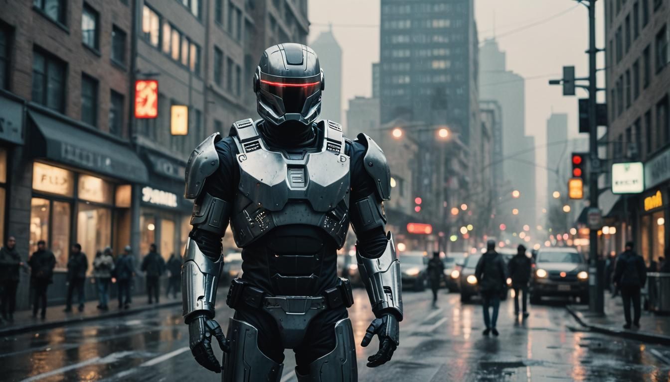 Robocop in Gritty Urban Film Still