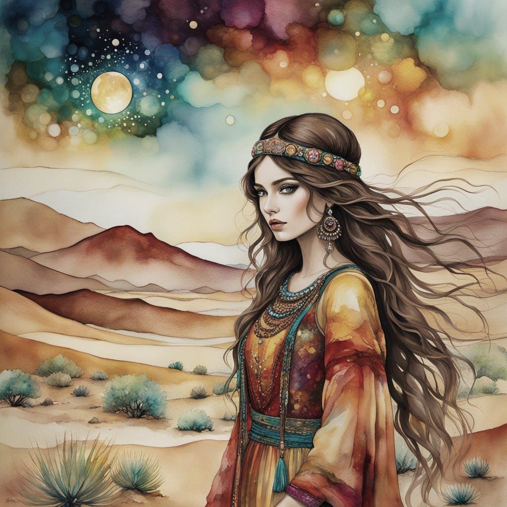 Boho Woman in Desert Oasis, Watercolor Style