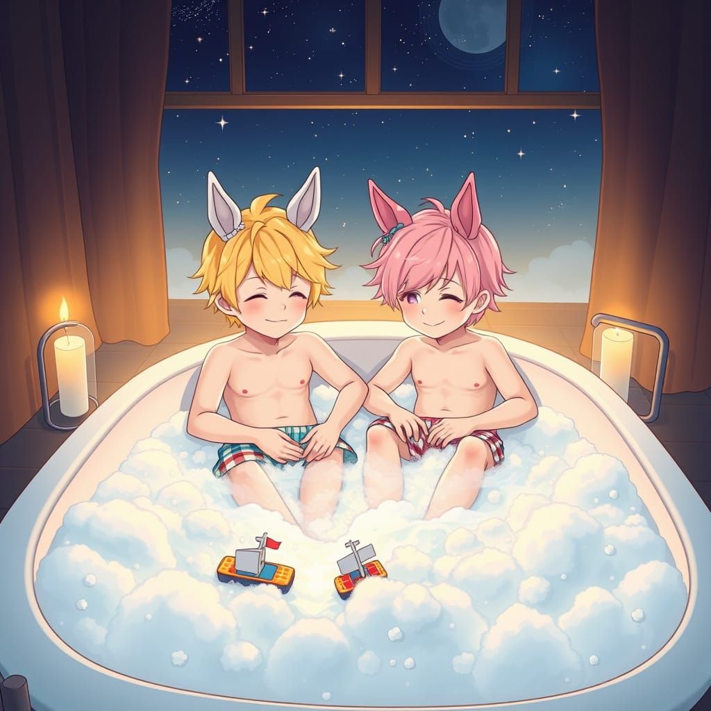 Charming Anime Boys in Whimsical Bathtub Scene