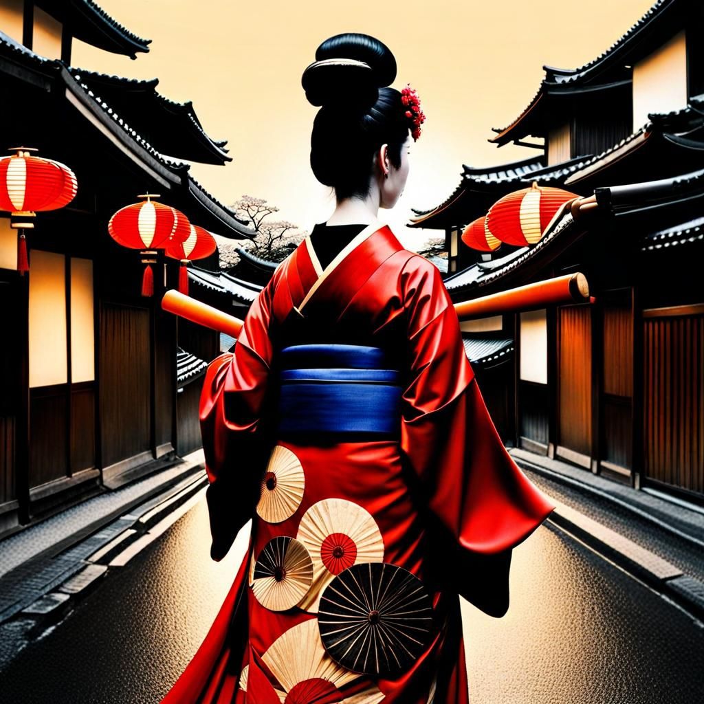 Geisha in Kyoto with Shamisen Double Exposure