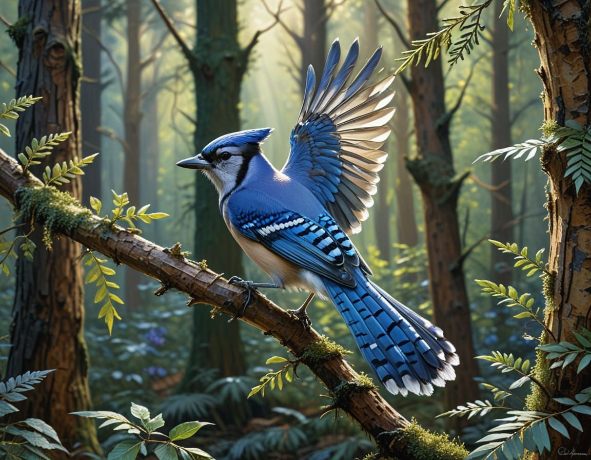 A pretty blue jay is flying with wings spread  through the f...