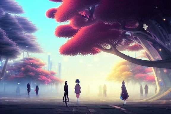 Lively Anime Cityscape with Fractal Lights