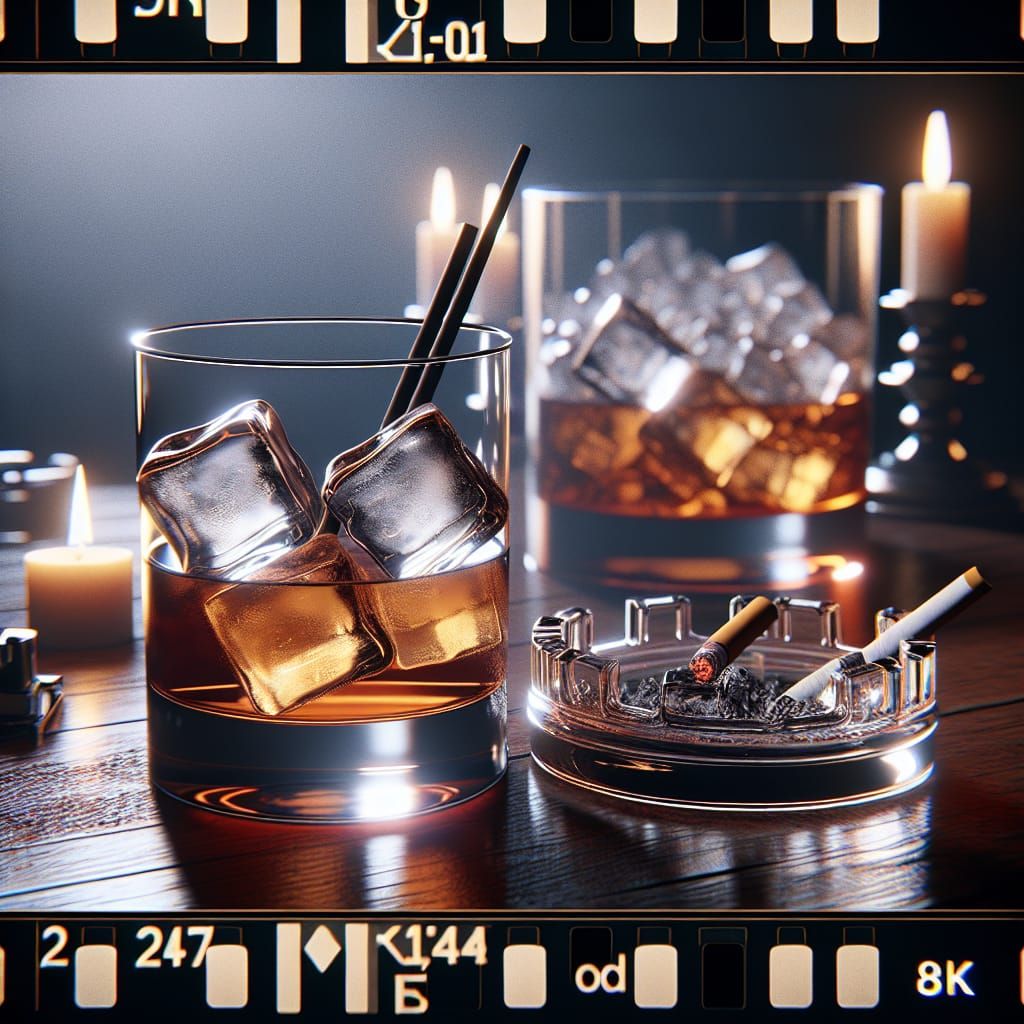 Whiskey and Cigarette Still Life in Cinematic Style