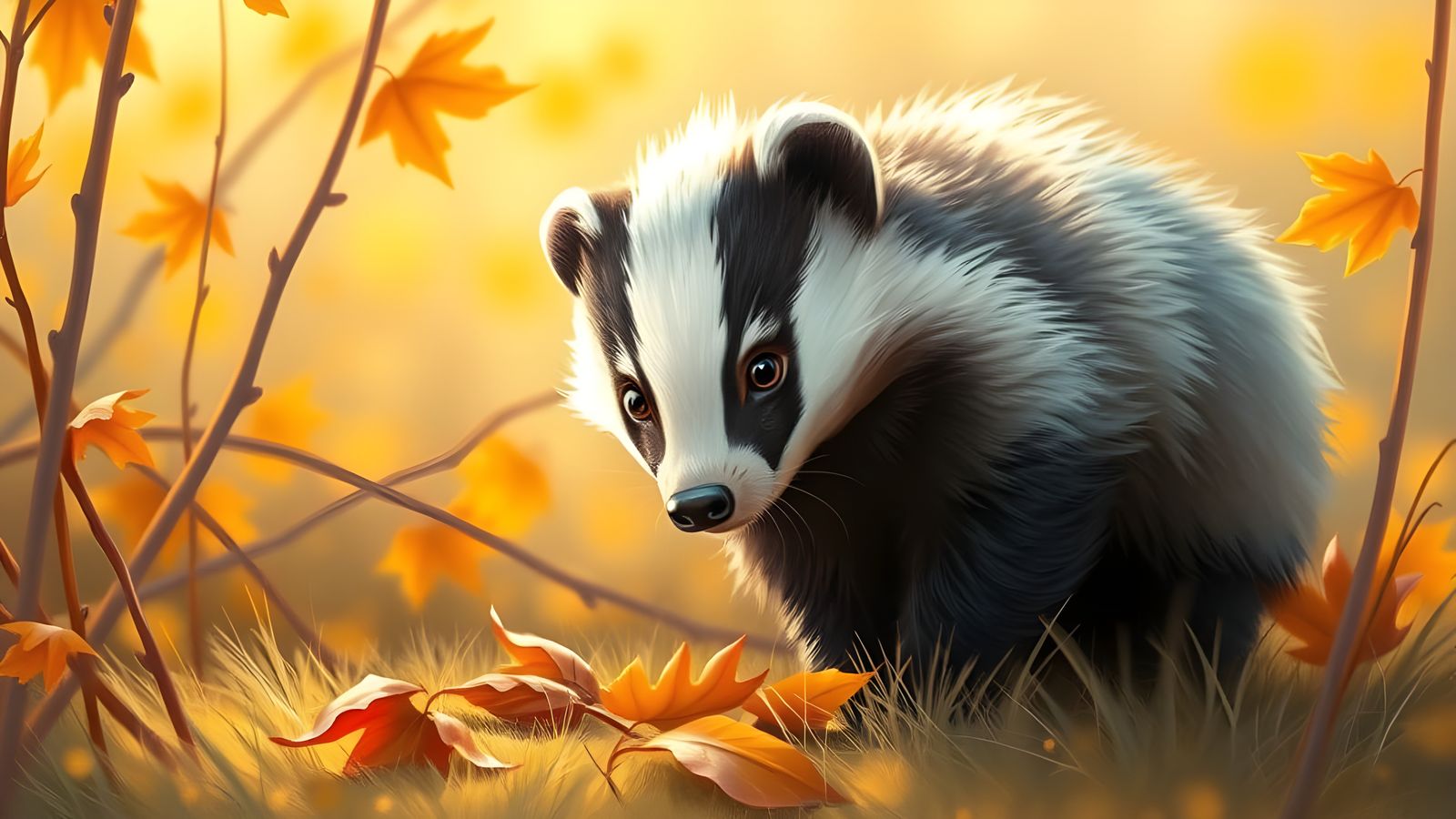 Cute Fluffy Badger in Golden Autumn Matte Painting