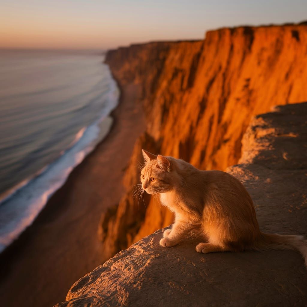 Ginger Cat Contemplating Sunset Over Ocean Cliffs