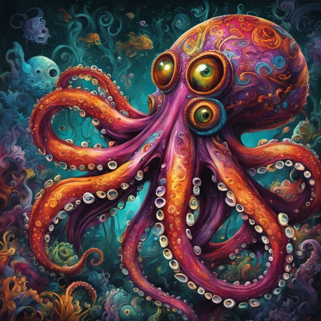 Gothic Octopus in Colorful Underwater Graffiti Art