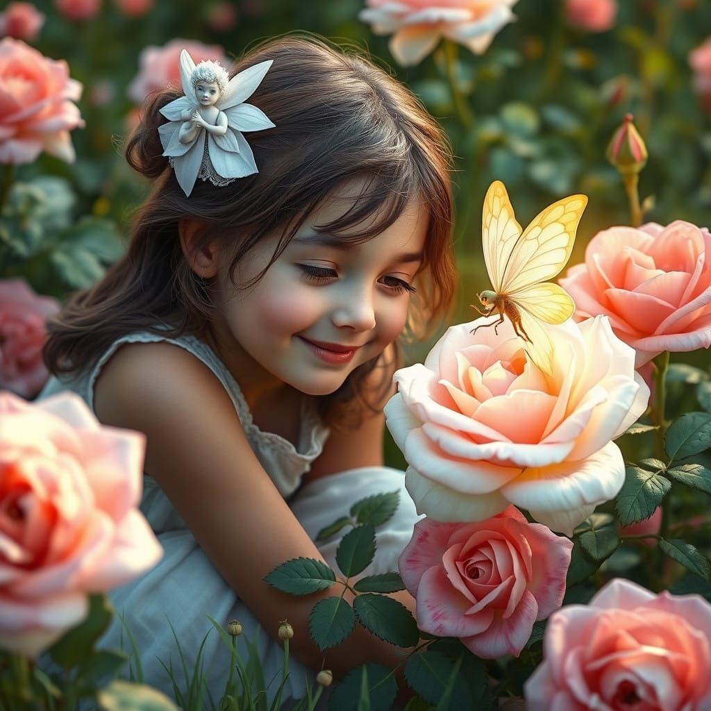 Girl Talks with Fairy Amidst Vibrant Garden Roses in Photore...