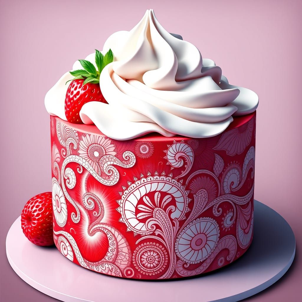 Vibrant Strawberry Cake with Zentangle Patterns
