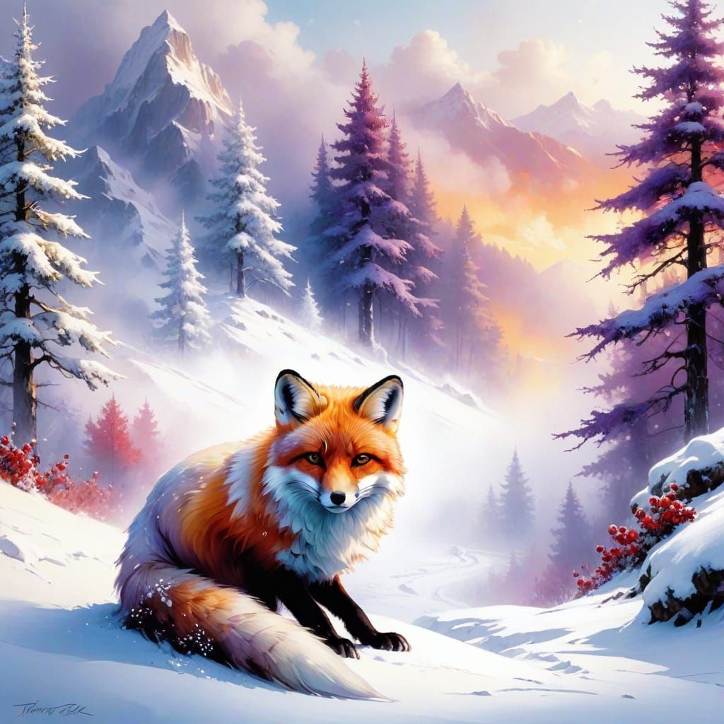 Snowy Fox in Winter Wonderland Scene