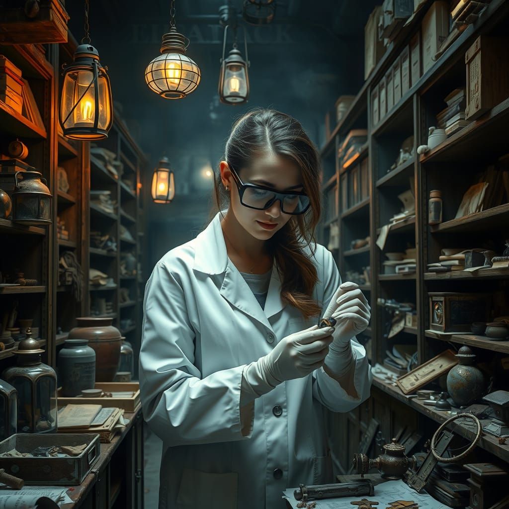 Lab Researcher Examines Ancient Artifacts in a Cluttered Lab...