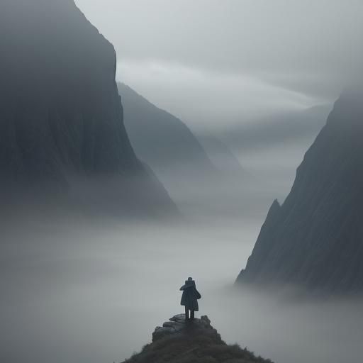 Lone Traveler Overlooks Misty Mountain Landscape