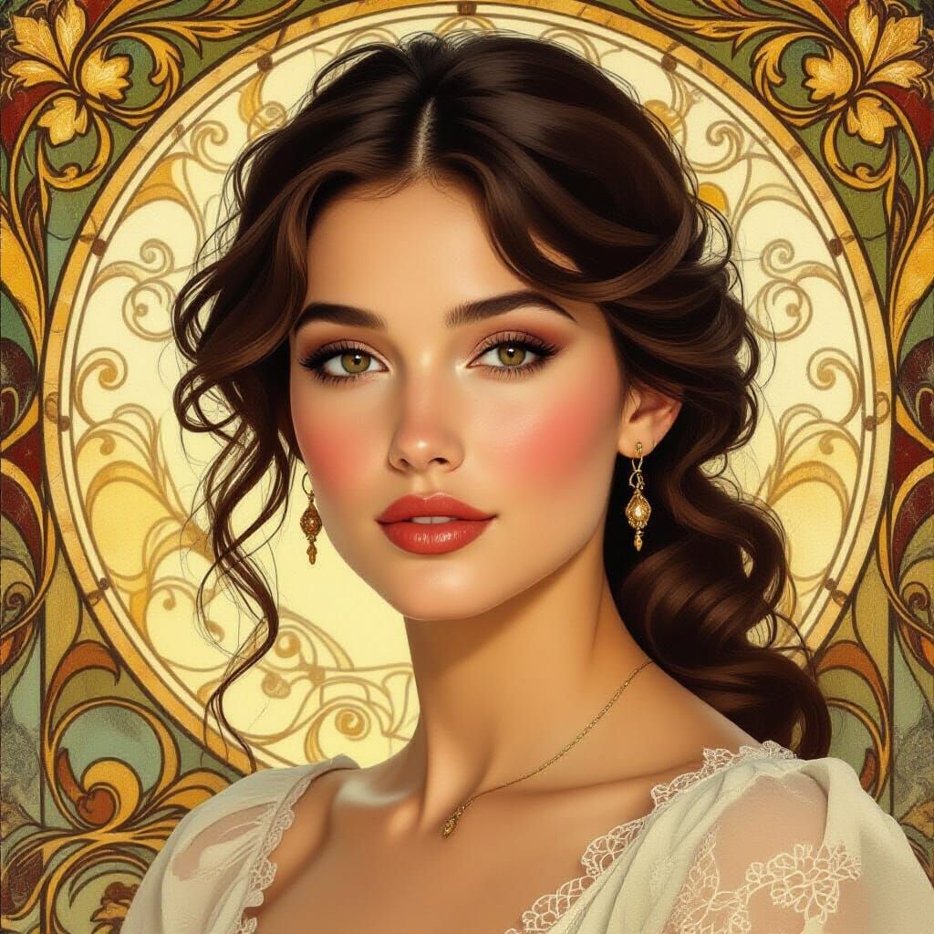 Elegant Woman with Natural Makeup in Art Nouveau Style