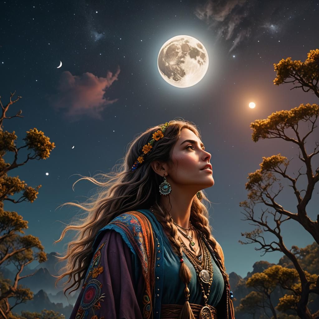 Hippie Girl Gazing at Moon: Detailed Matte Painting