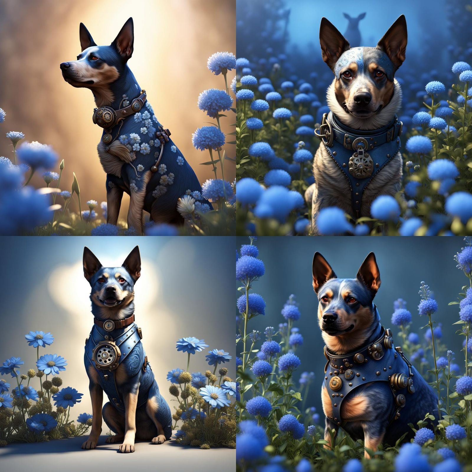 Steampunk Cattle Dog in Blue Flowers: Artstation 3D Render