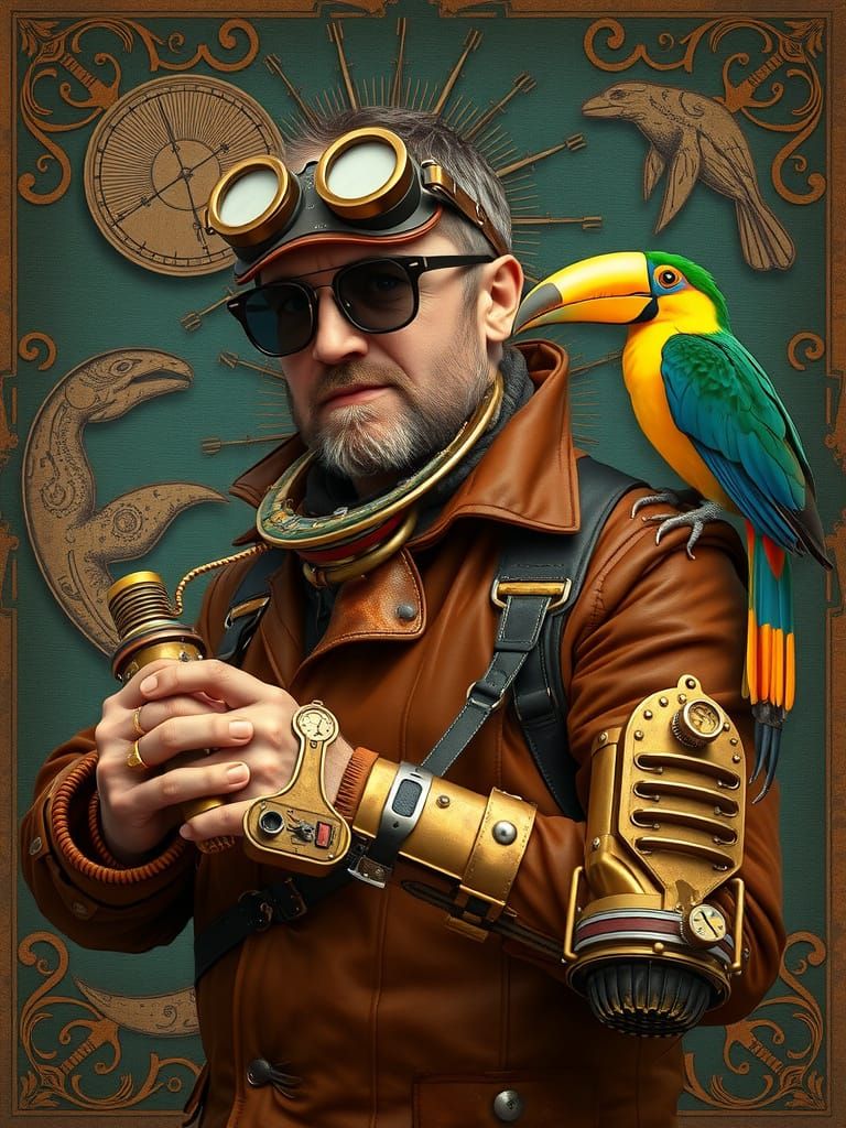 Steampunk Cartographer Charts Course with Sextant