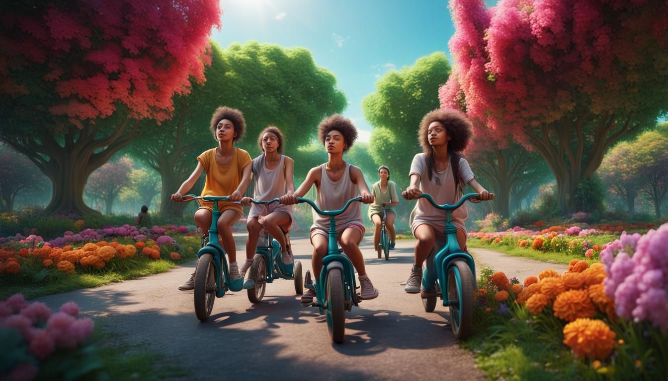 Teenagers on Tricycles in Park: Detailed Matte Painting