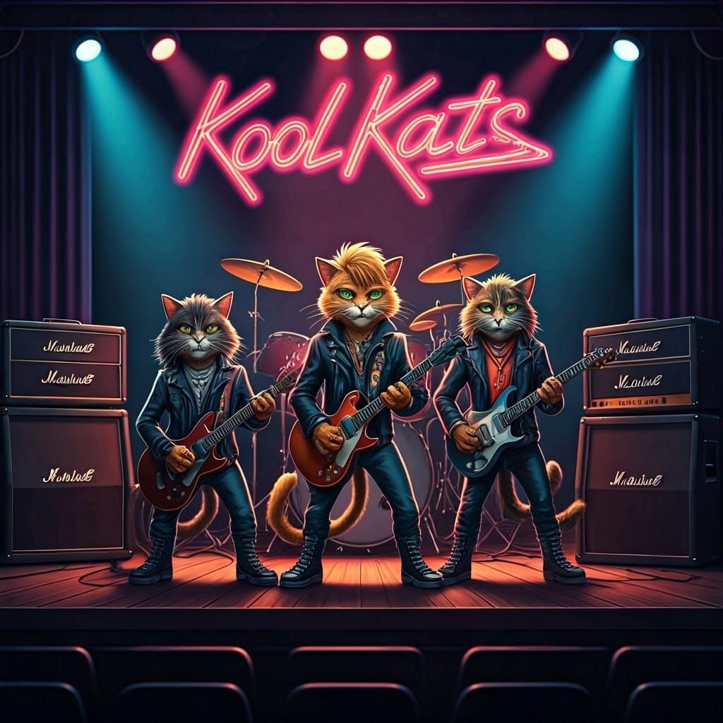 Feline Rockstars Strike a Pose in Neon-Lit Retro-Futuristic....