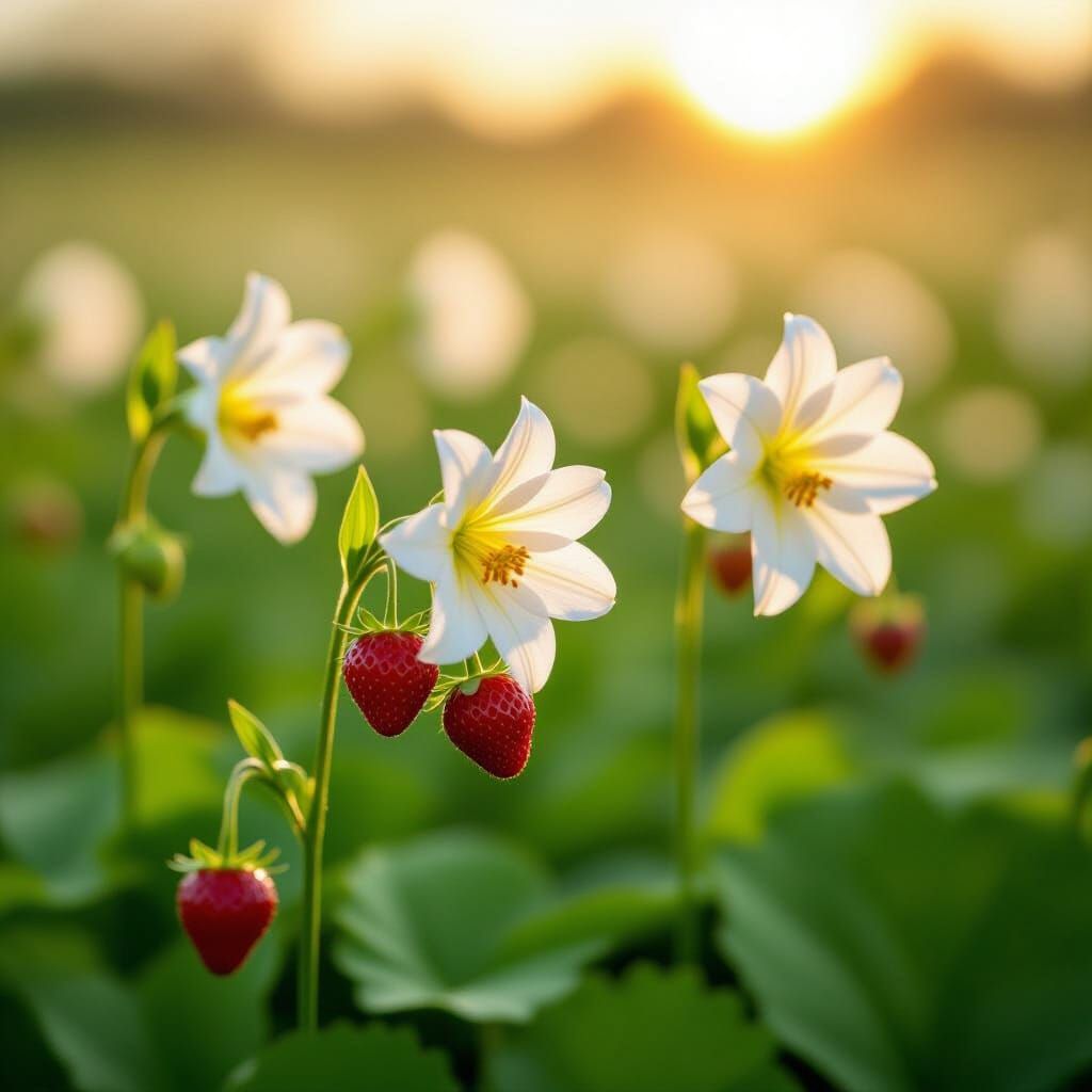 Lush Strawberry Field with Lilies, Soft Bokeh