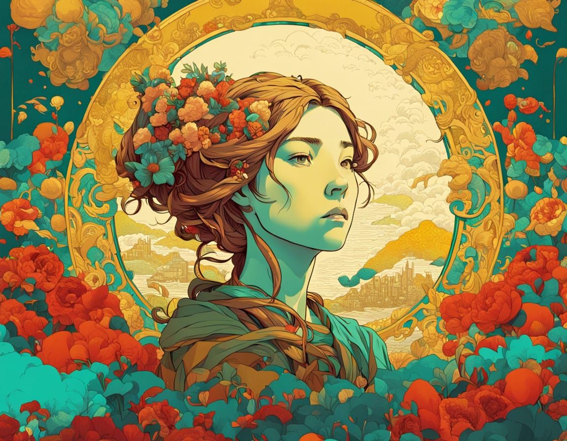 Vibrant Portrait in the Style of Alfons Mucha and Hayao Miya...