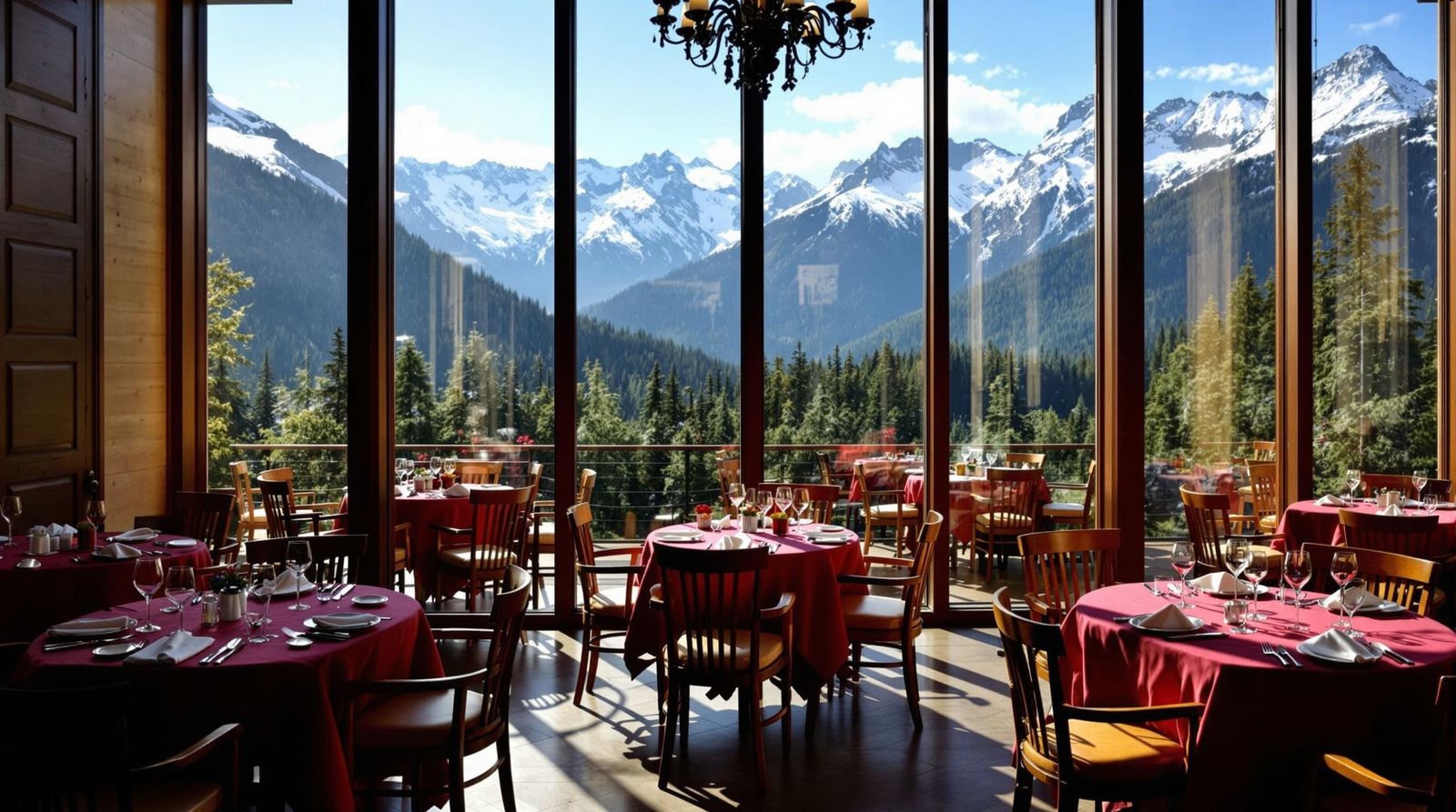 Elegant Dining Room with Snow-Capped Mountain View