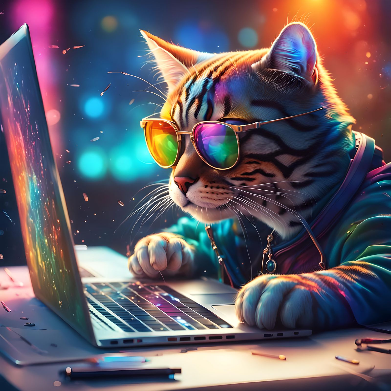 Hyperrealistic Cat Coder Working on Laptop