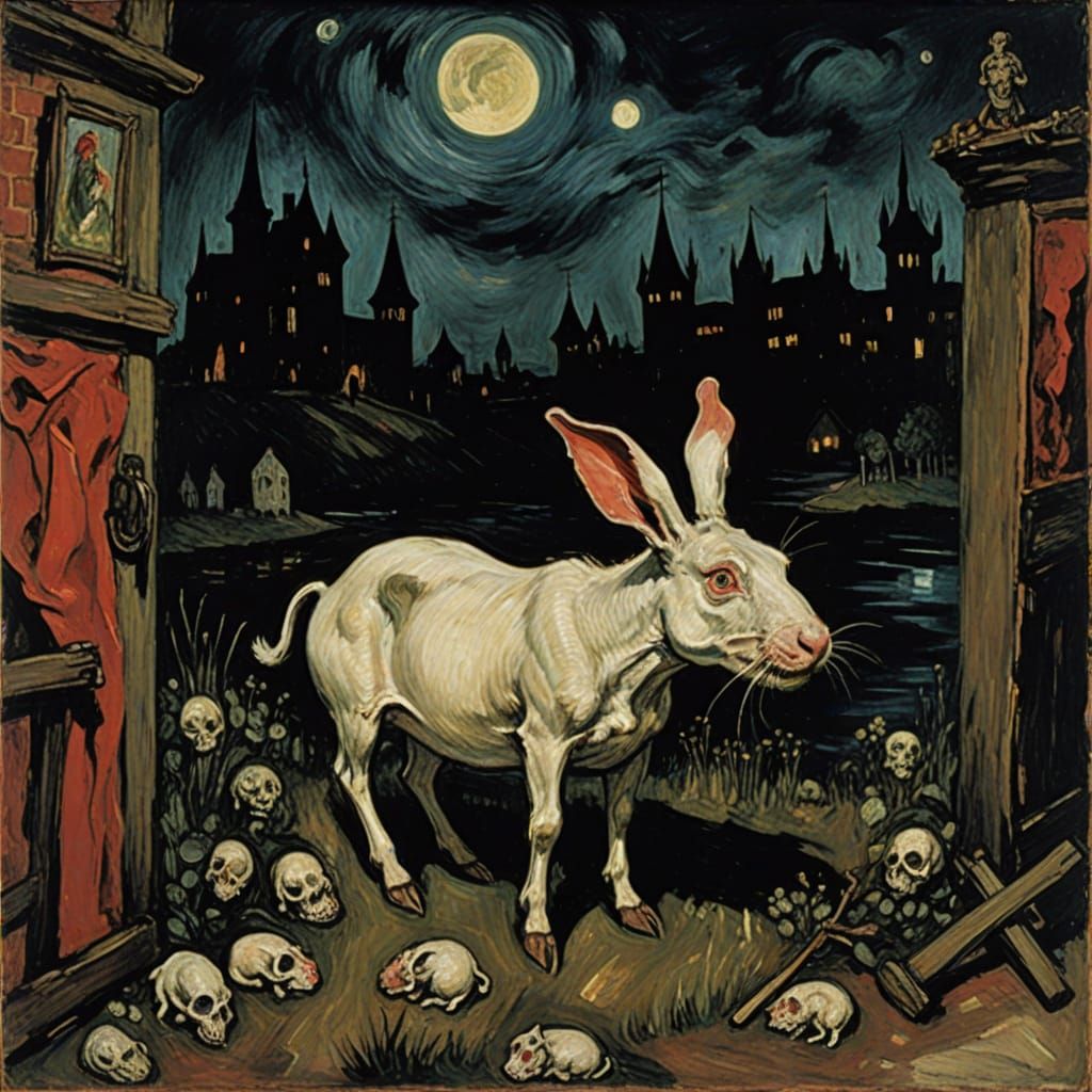 Bloody Moonlight Castle Scene with Rabbit and Child