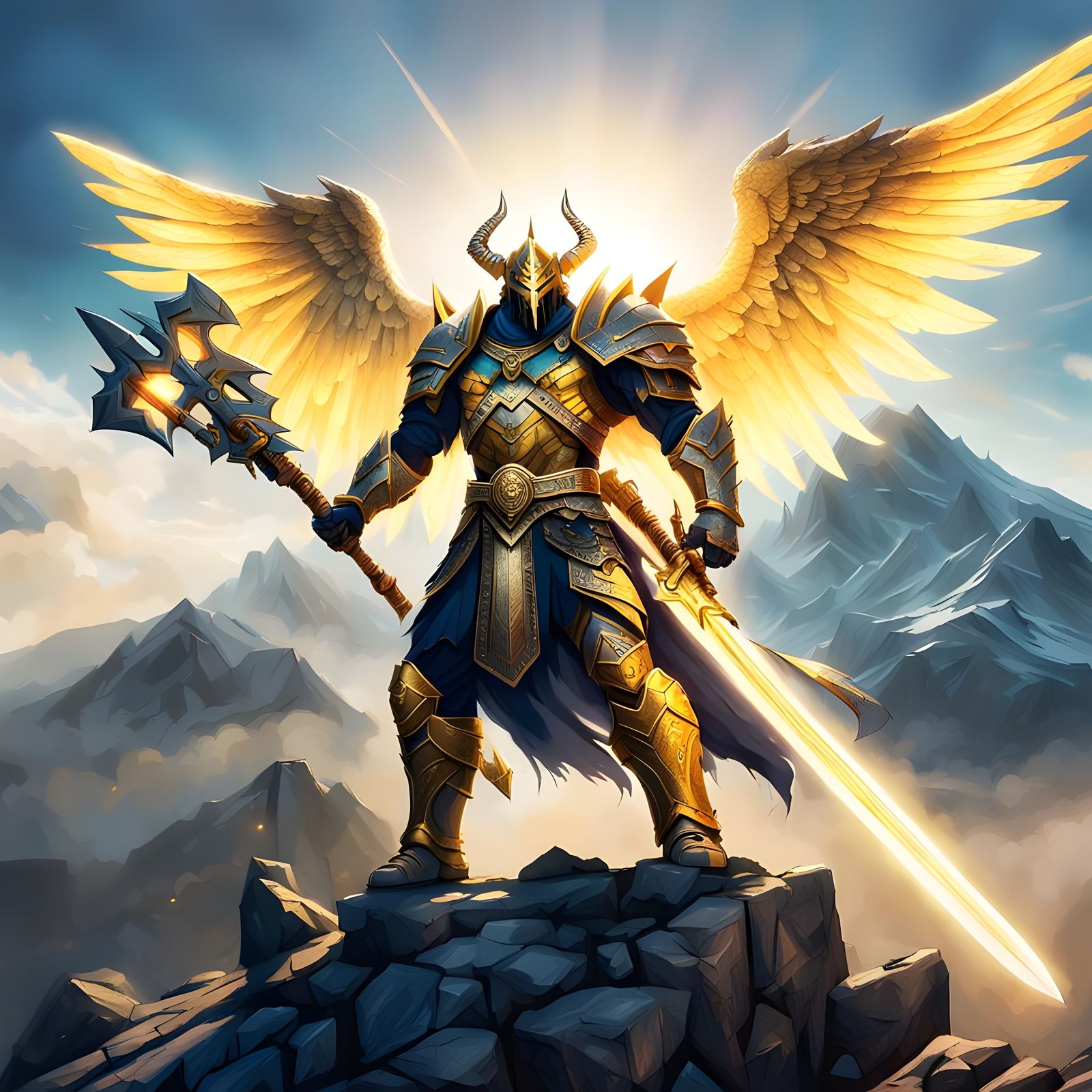 Celestial Goliath-Aasimar Hybrid on Mountain Peak in Graffit...