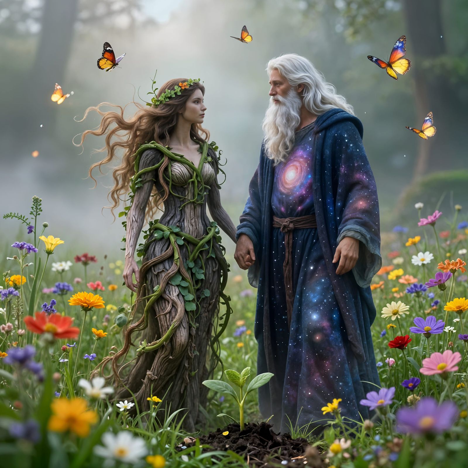 Mother Earth and Father Time Amidst Wildflowers
