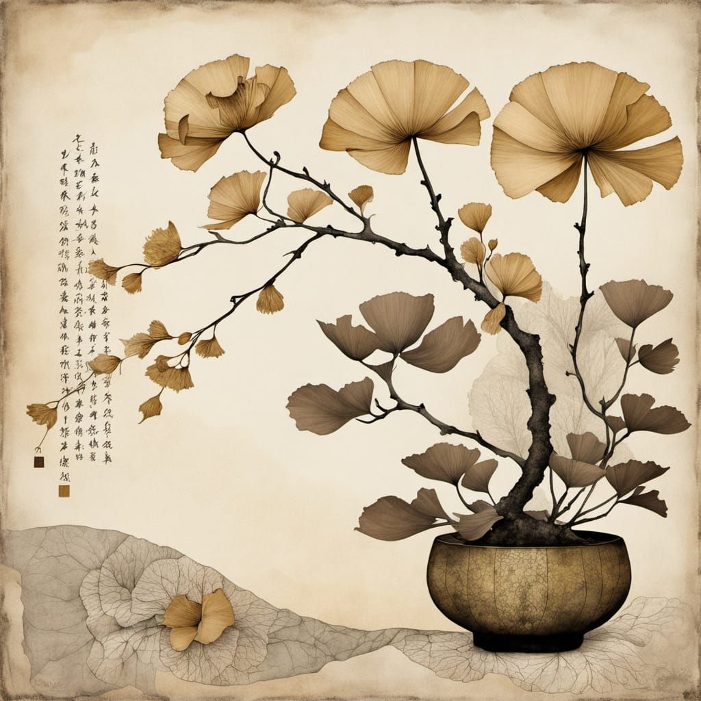 Surreal Ikebana Still Life in Sumi-e Ink Art