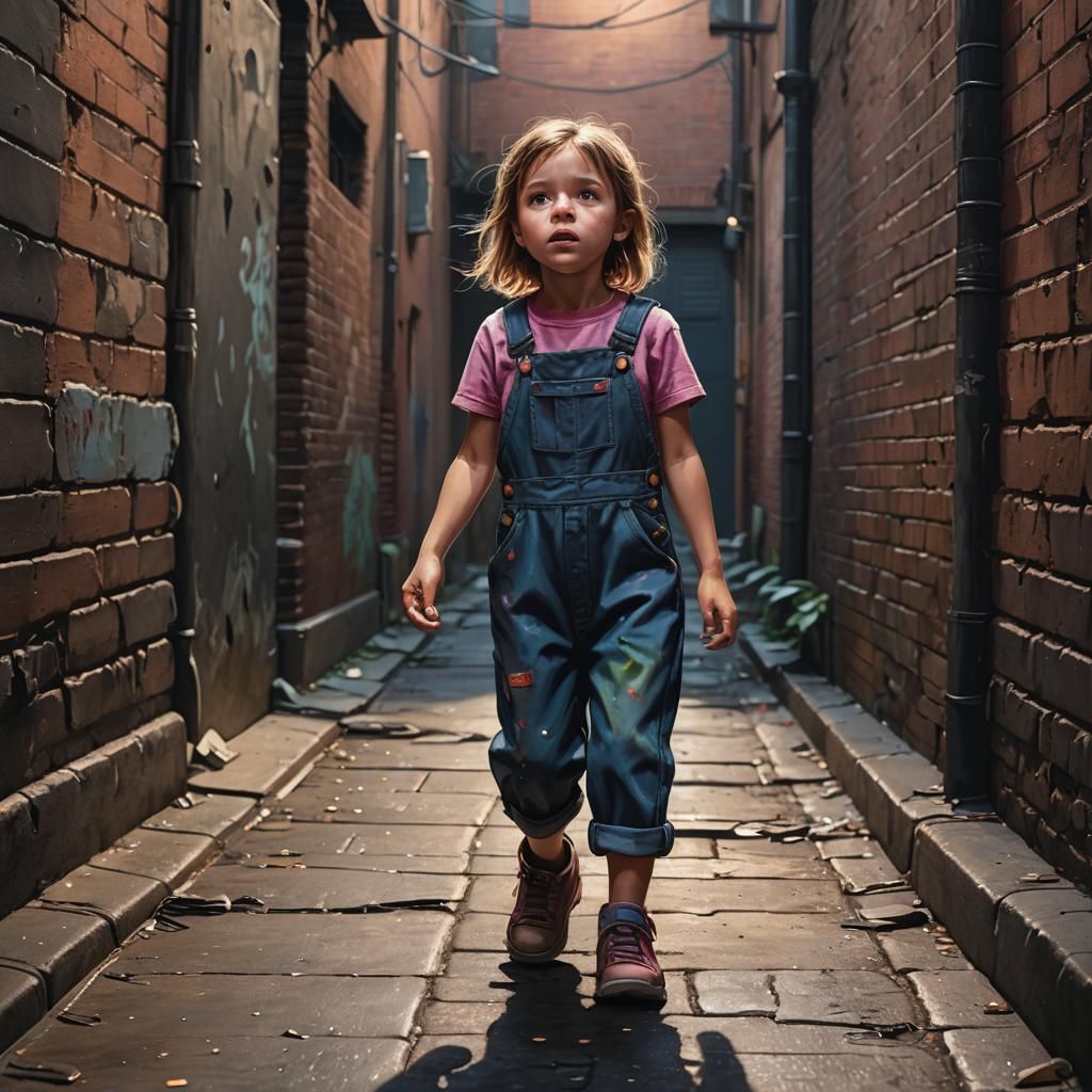 Scared Girl Holding Father's Hand in Alley