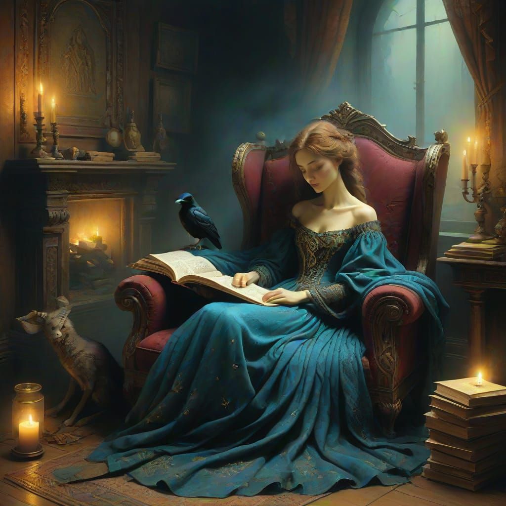 Elegant Lady Lost in 19th-Century Bookish Bliss