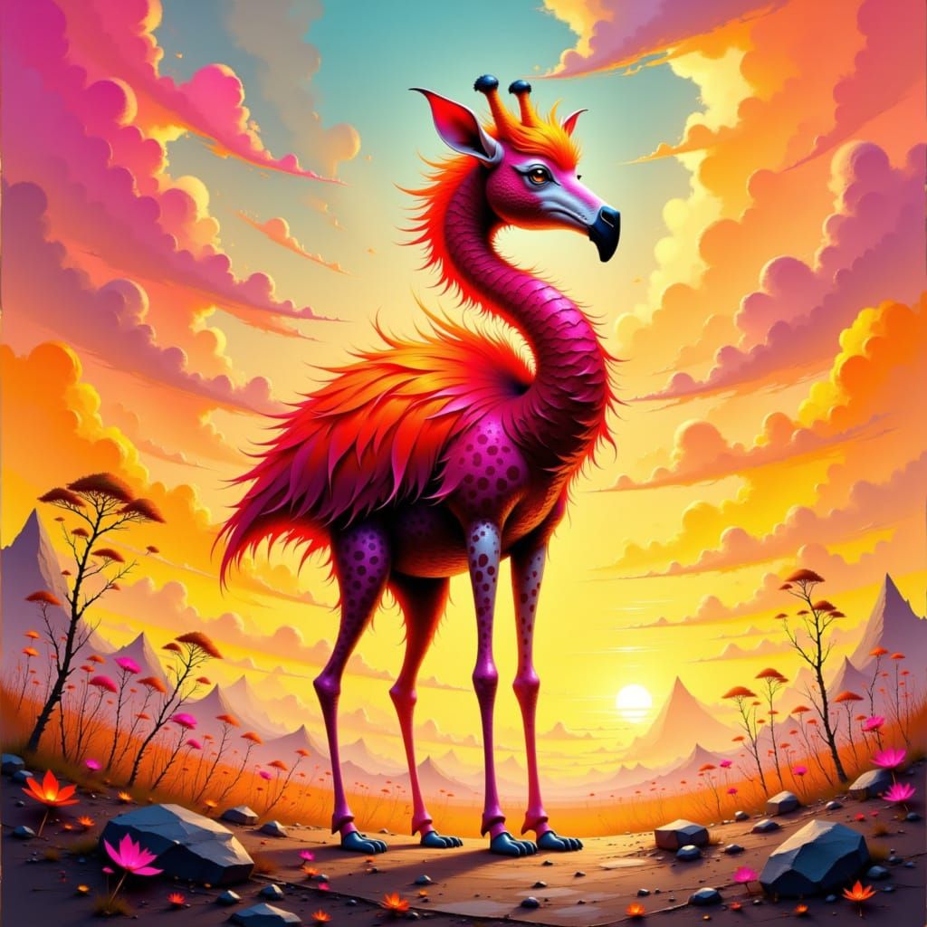 Flamingo-Giraffe Hybrid in Expressive Digital Art Style
