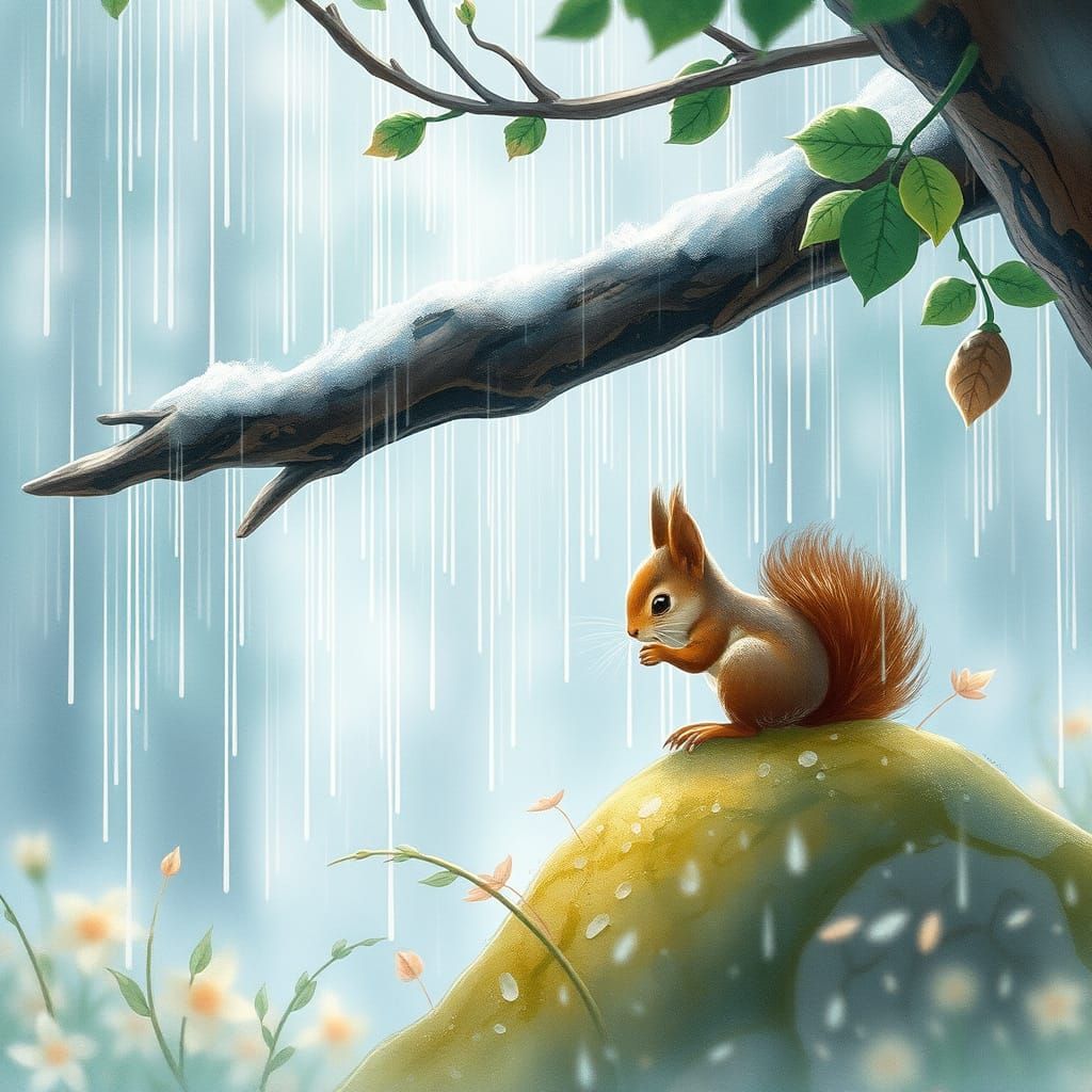 Rainy Woodland Scene: Squirrel in Whitespace Watercolor