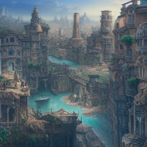 Hyperrealistic Sandalpunk City in Digital Matte Painting