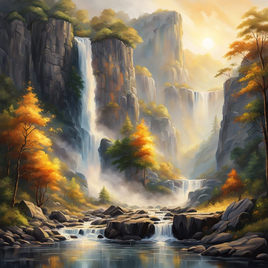 Majestic Oil Painting of a Waterfall in Golden Light