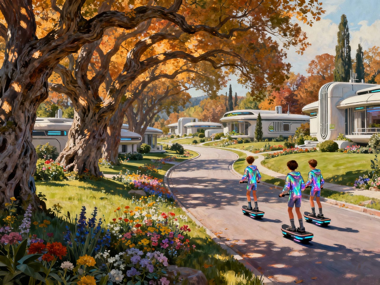 Futuristic Children on Hoverboards in Utopian Neighborhood