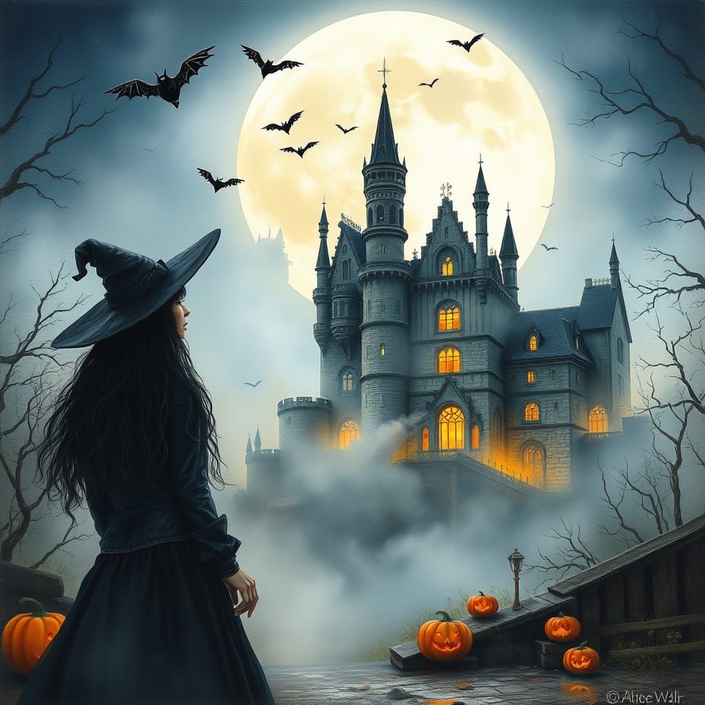 Ethereal Gothic Castle with Steampunk Witch Under Full Moon