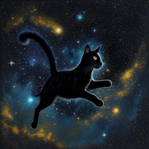 Cosmic Cat Reaching for a Star in Oil Painting