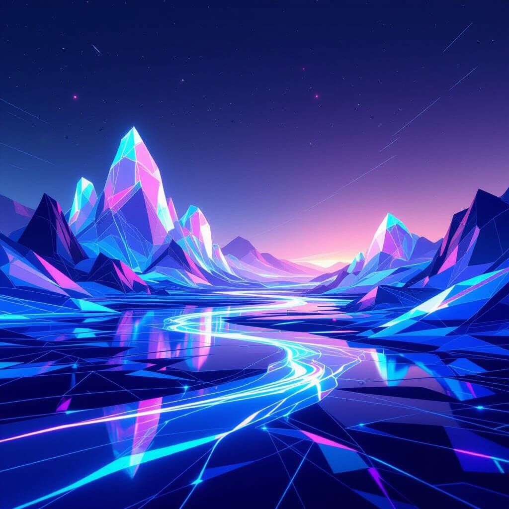 Futuristic Crystalline Landscape With Flowing Energy Lines