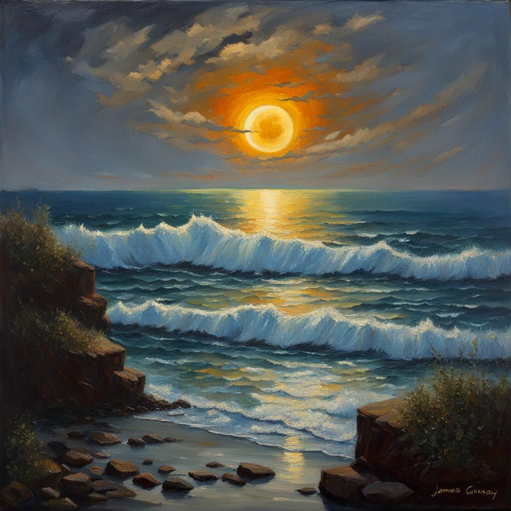 Solar Eclipse Over Ocean in Oil Painting Style