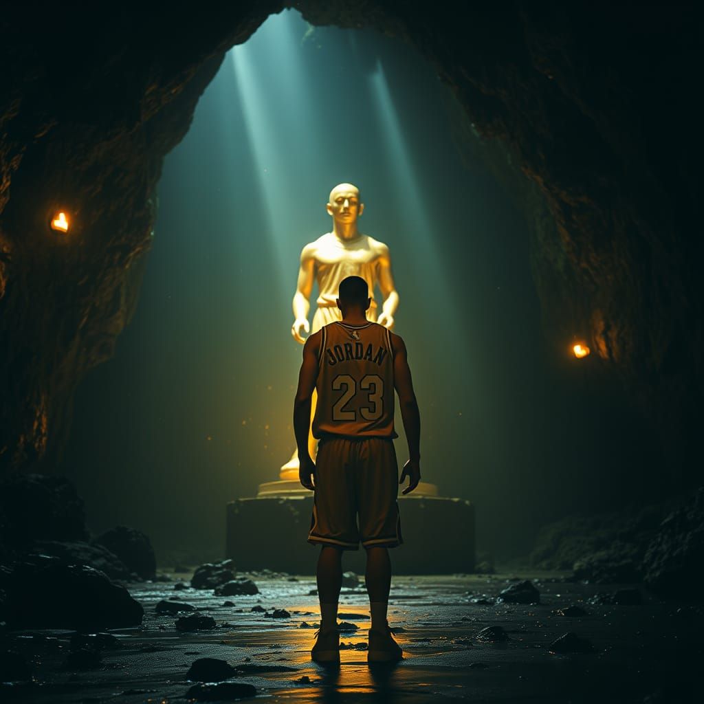 Athlete and Golden Basketball Statue in Cave