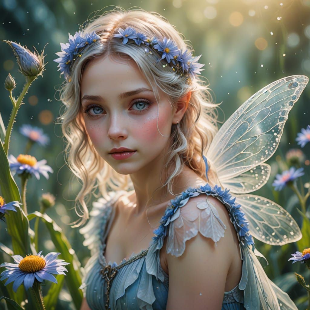 Delicate Fairy in Whimsical Corn Flower Scene