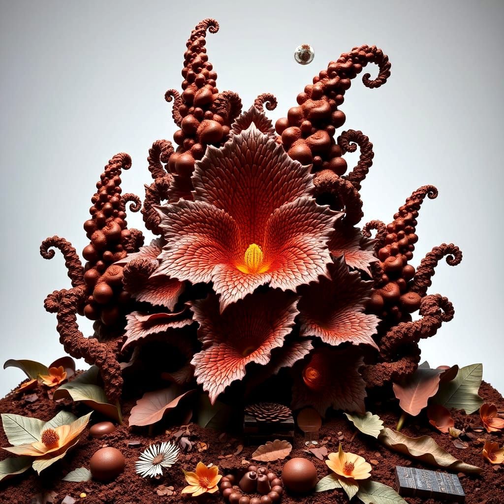 Chocolate Fractal Ikebana: 3D Rendered Floral Arrangement