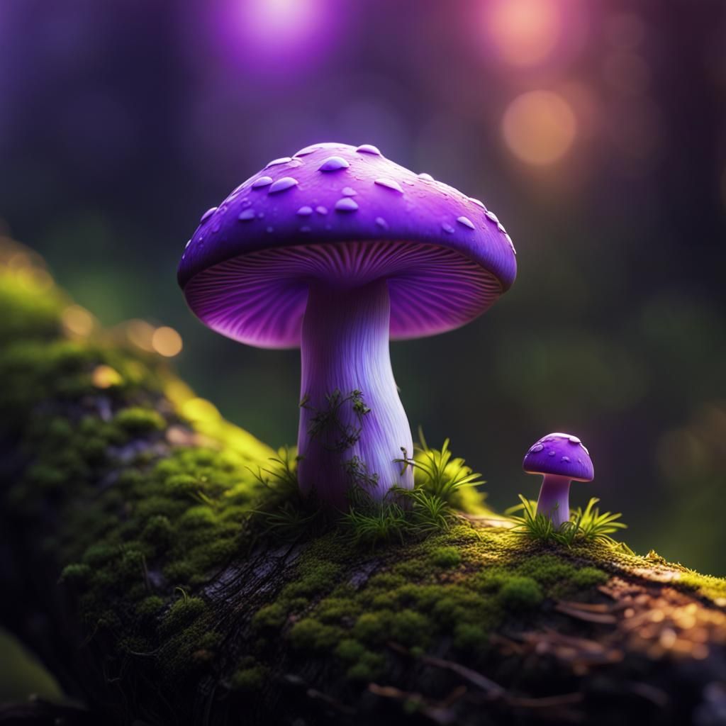 Glowing Purple Mushroom on Mossy Log