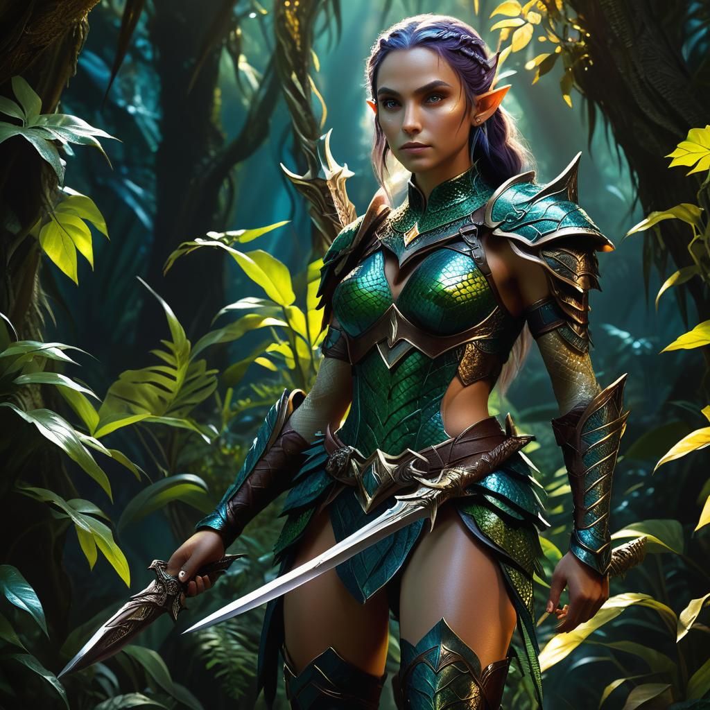 Elf Warrior in Snakeskin Armor: Hyperrealistic Concept Art