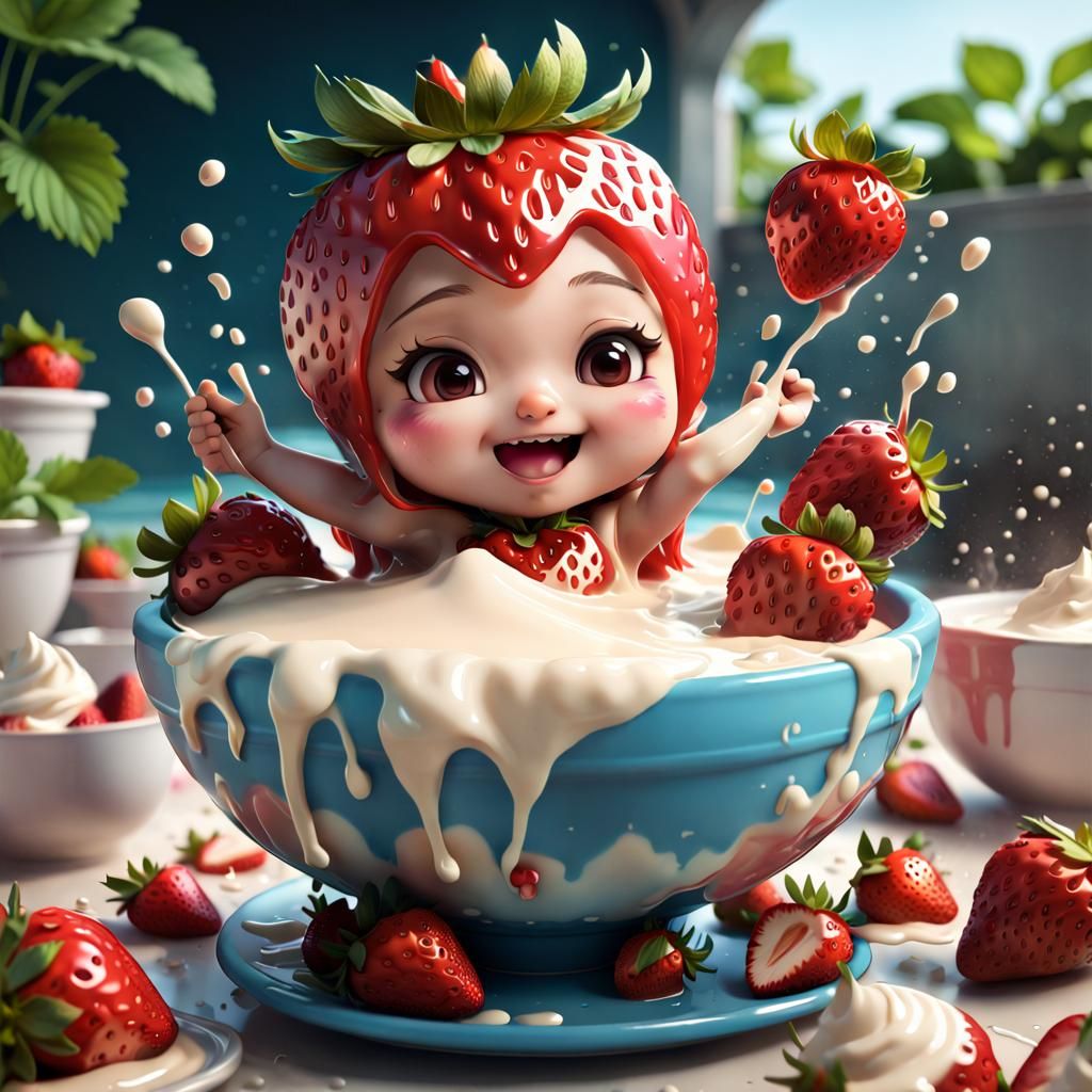 Chibi Strawberries Swimming in Cream: Detailed Matte Paintin...