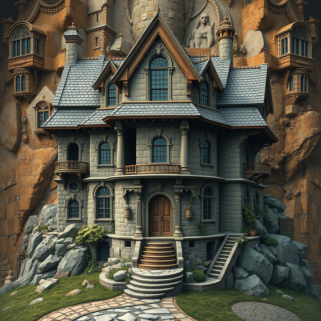 Surreal Stone House-Face Hybrid in Fantasy Style